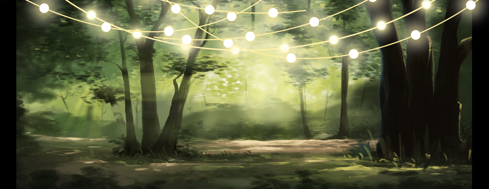 string lights in a darkened forest